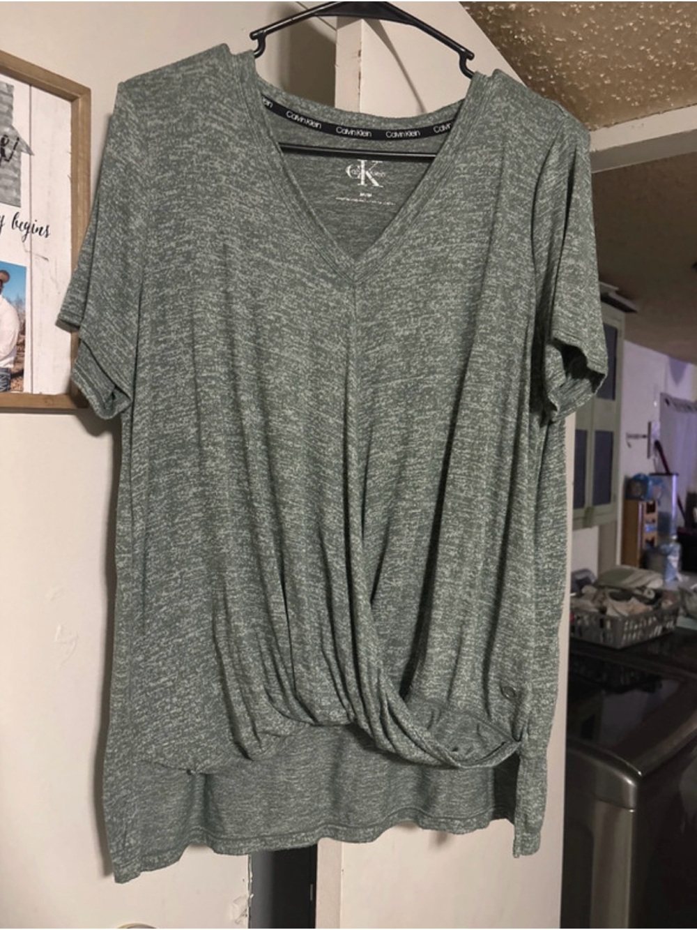 Calvin Klein Twist-Front V-Neck Short Sleeve Top in Heather Sage